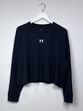 Under Armour Womens L Black Cropped Long Sleeve Crewneck Workout T-Shirt Loose